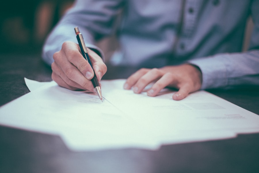 Professional reviewing trademark documents and legal paperwork